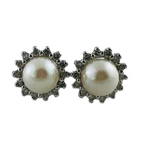14 Karat White Gold Pearl and Diamond Halo Earrings #16762